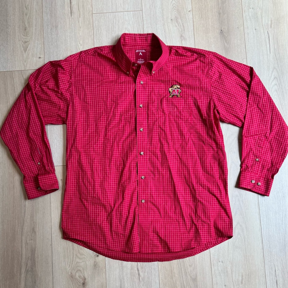 Maryland Terrapins Shirt Men’s L Red Gingham Button Down Embroidered Long Sleeve